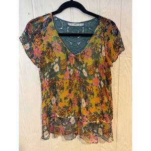 Gibson Floral Print 100% Silk Blouse